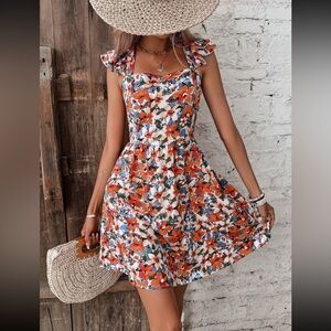 SHEIN Frenchy Allover Floral Print Tie Backless Ruffle Trim Dress